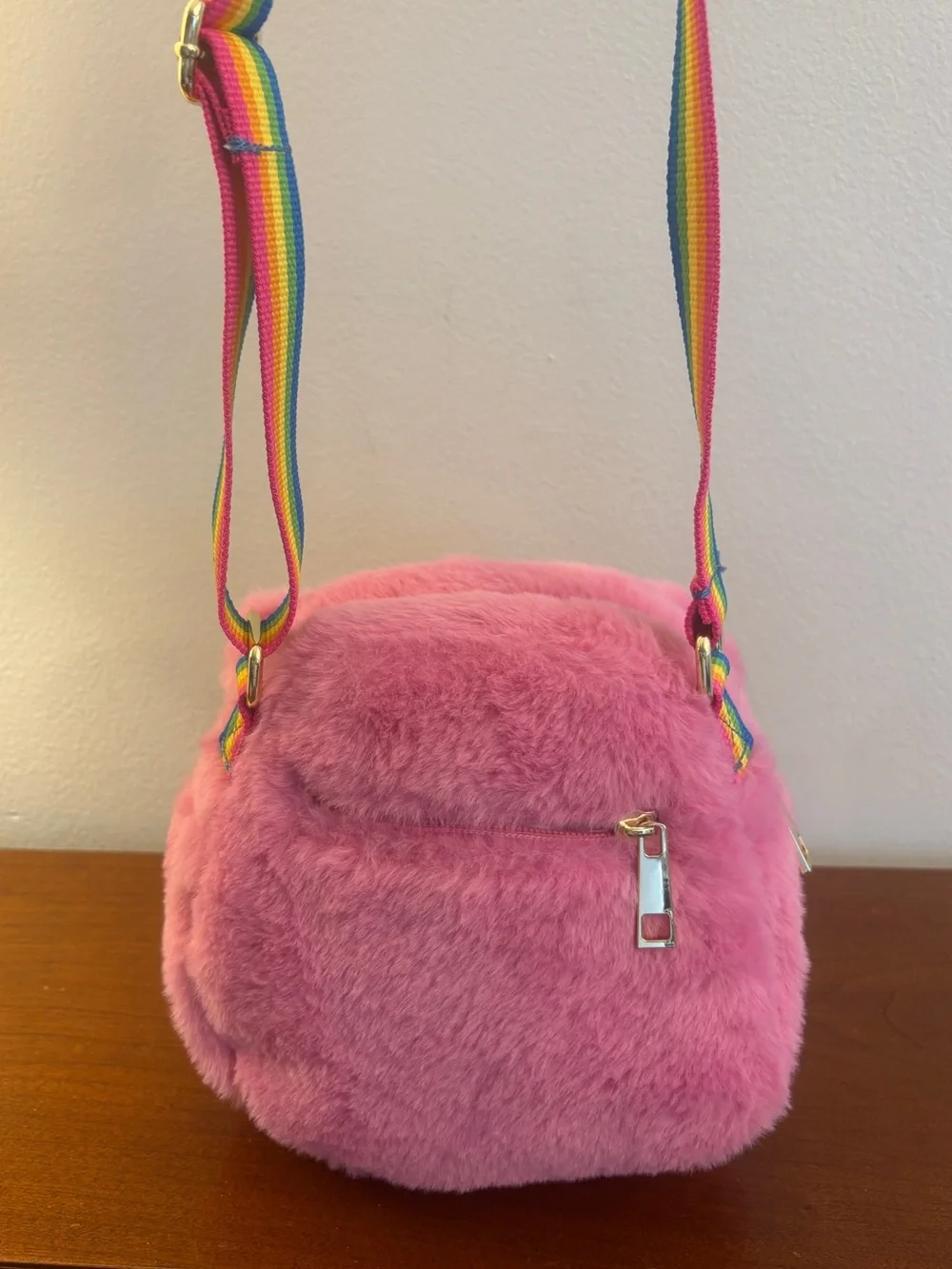 Care Bears Cheer Bear Pink Plush Crossbody Bag Rainbow Strap NWOT